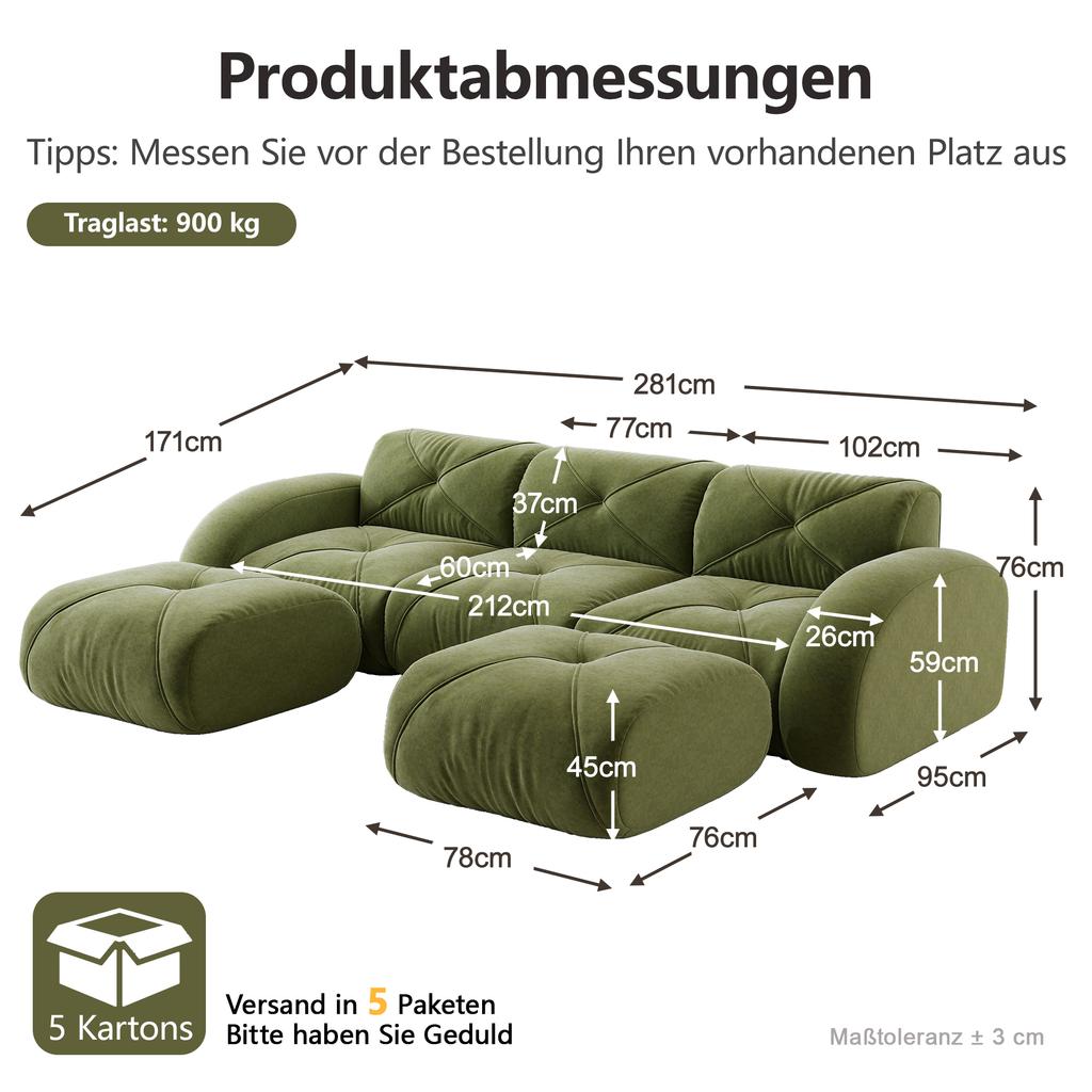 U-shaped 3-seater modular sofa, includes 2 stools, suitable for living room, comfortable fabric, non-slip design, no assembly required, Green