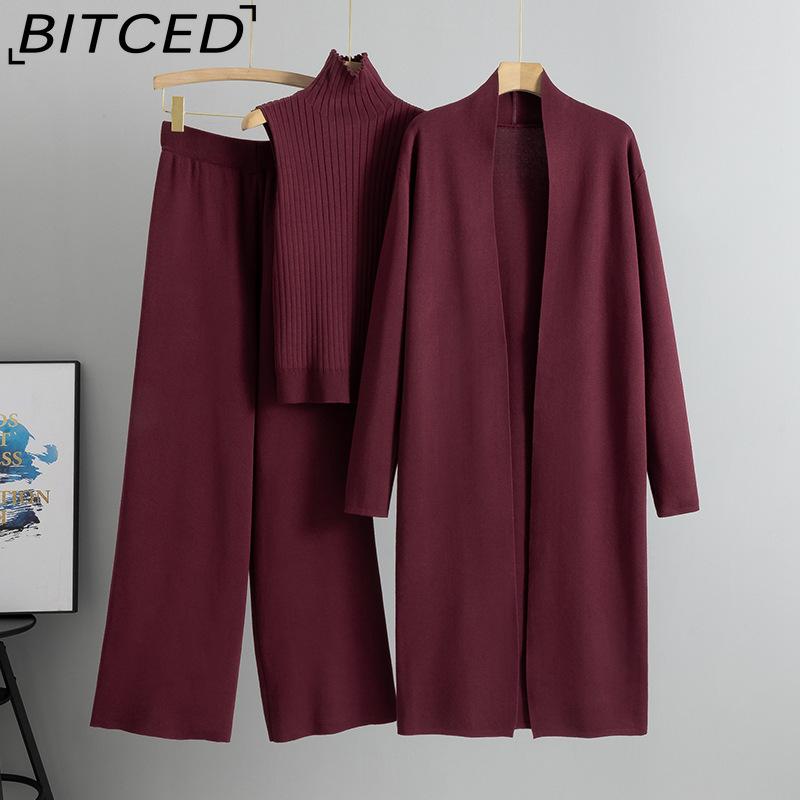BITCED Spring and Autumn Laid-back Style Knitted Set, Sleeveless Vest, Sweater, Cardigan and Trousers, Three-piece Set