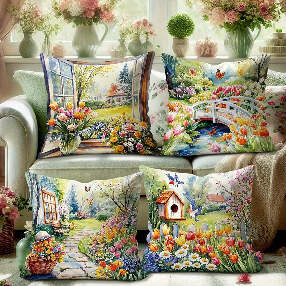 1/4pcs 2D Flat- Watercolor Spring Cottage Garden Throw Pillow Cover Home farmhouse outdoor decoration cushion cover