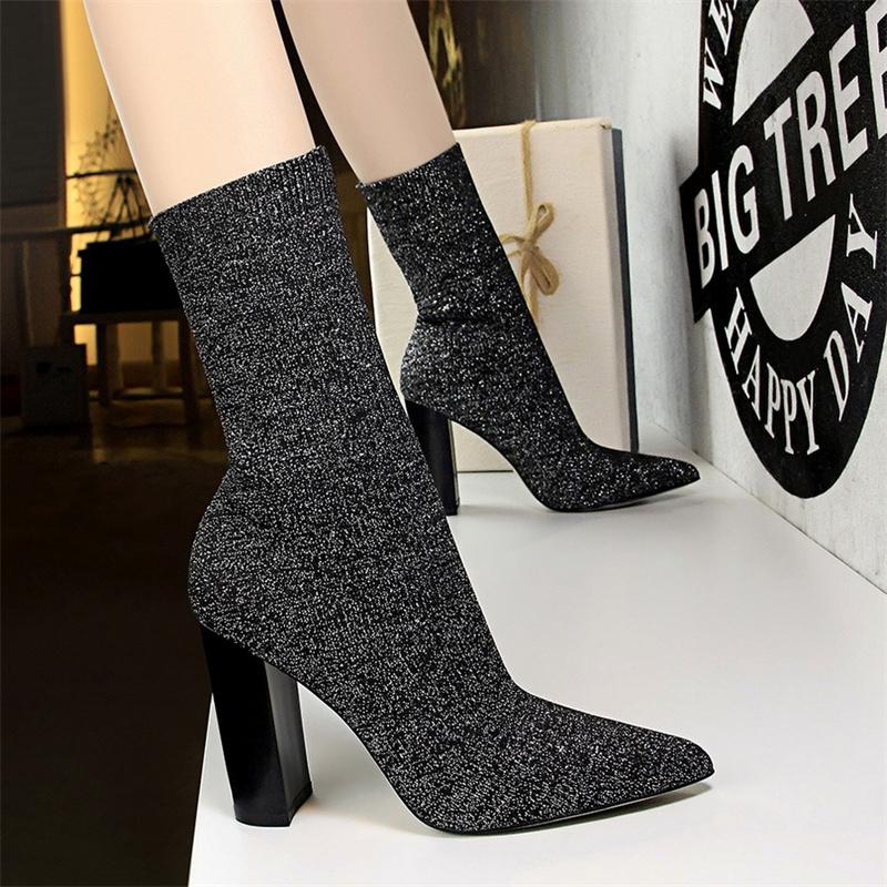 Autumn Fashion Simple Metal Color Square Heels Socks Boots Women Stretch Fabric Elastic Pointed Toe Shoes Ankle Boot