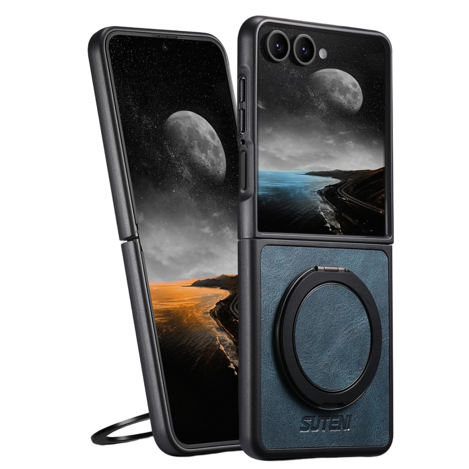 

Oil Wax Leather Fold Phone Case for Samsung Galaxy Z Flip 7 FE 6 5 Magnetic Wireless Charging Hardware Ring Bracket Back Cover Galaxy Z Flip7 FE синий