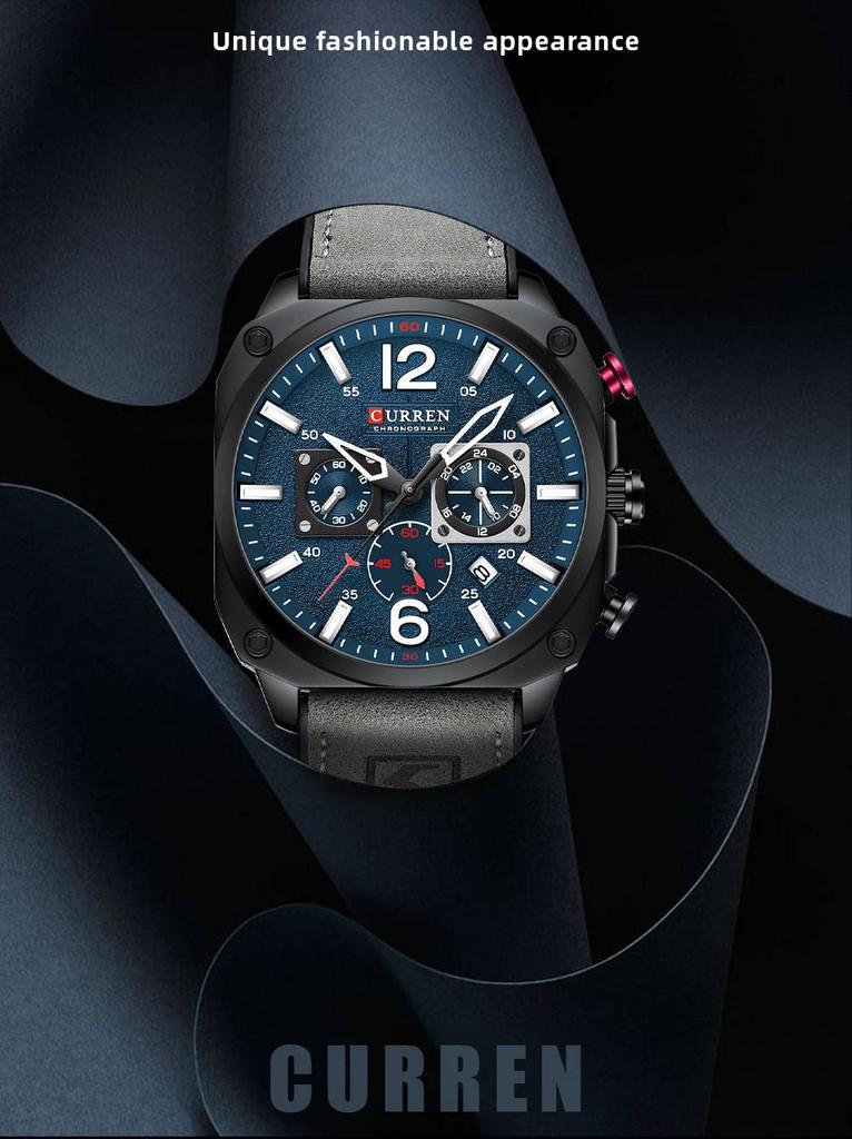 Curren 8398 Men's Multifunctional Leather Strap Calendar Watch