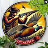 Hisun Tin Sign Vintage Winchester Pheasant Hunting Metal Tin Sign Retro Hunter with Shotgun and Flying Pheasant Round Wall Art Decor Classic