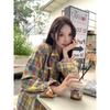 Rainbow Plaid Women's Shirt Lapel Long Sleeved Sunscreen Button Up Blouse Summer Loose Mid Length Woman Colored Top