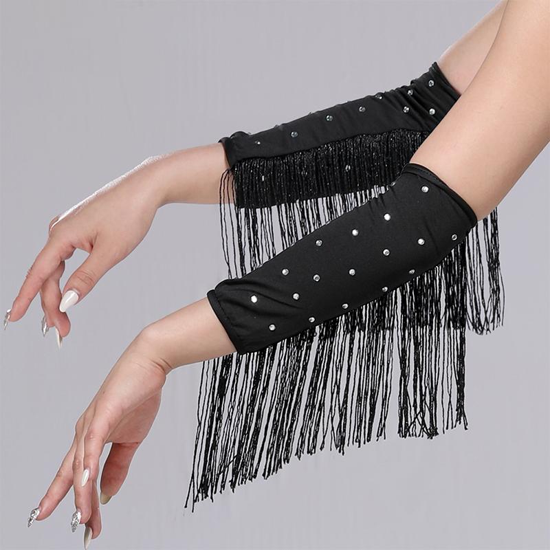 Women Latin Dance Stage Outfit Fringed Sleeves Shiny Rhinestone High Elastic Slim Fit for Dance Performance Competition Party Events