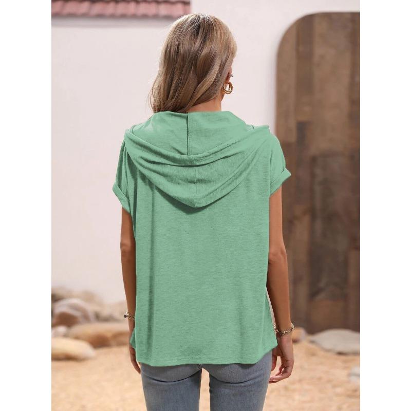 Summer Short Sleeved Hooded Women T-shirt New Loose Buttons Casual Simple T Shirt Female Plus Size Tops Women's Clothing 3267