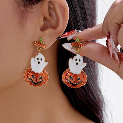 1 Pair New Halloween Earrings for Women Creative Pumpkin Head Ghost Pendant with Asymmetrical Design Studs