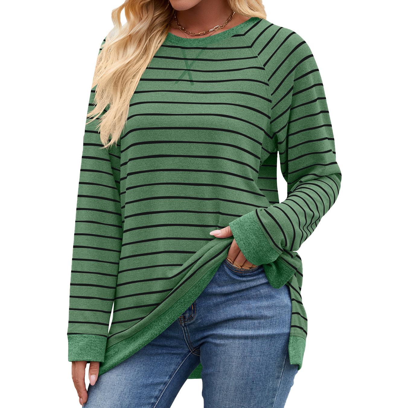 

HNXC Женская мода Повседневная осень-зима полосатый принт Длинные рукава О-образный вырез Блузки и рубашки XXL зелёный