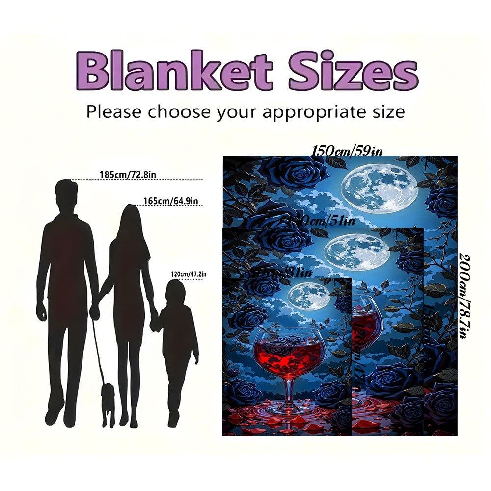Midnight Elegance: Wine Glass with Blue Roses and Full MoonBlanket Flannel Throw Blanket for Sofa, Bed, Travel, Camping, Office, Couch, Chair
