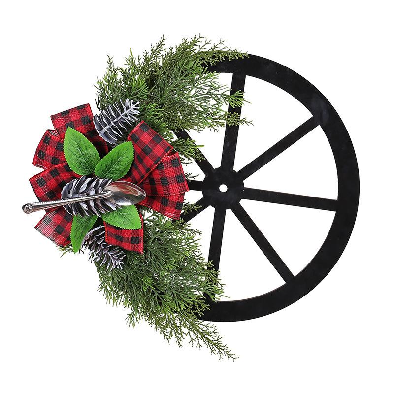 Pine Cone Spoon Wheel Wreath Creative Christmas Wreath Door Hanging Black And Red Grid Bow Outdoor Garden Decoration