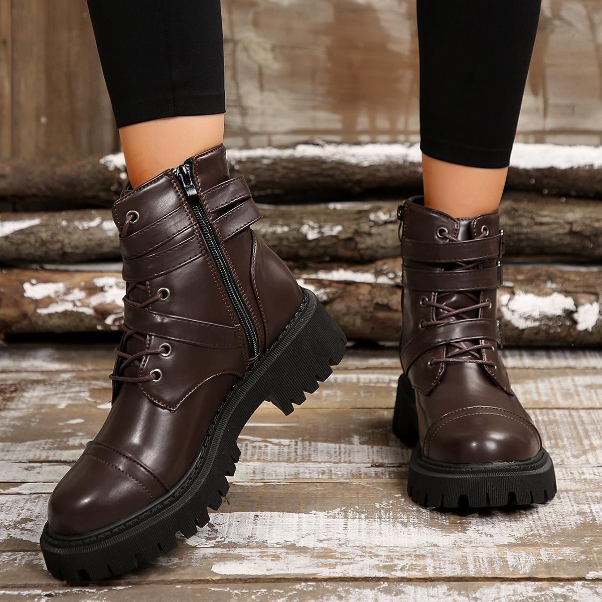 

Autumn and winter new thick-soled thick and low-heeled fashion side zipper metal square buckle trendy short boots women s boots 35
