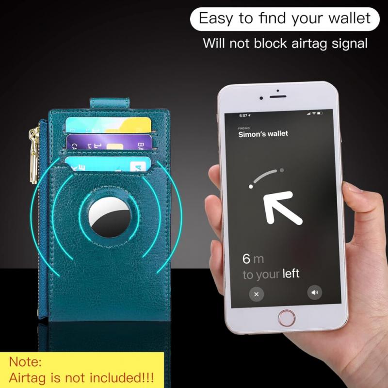 Womens AirTag Wallet Genuine Leahter Bifold Credit Card Holder with Built-in Integrated Case for AirTag Blue