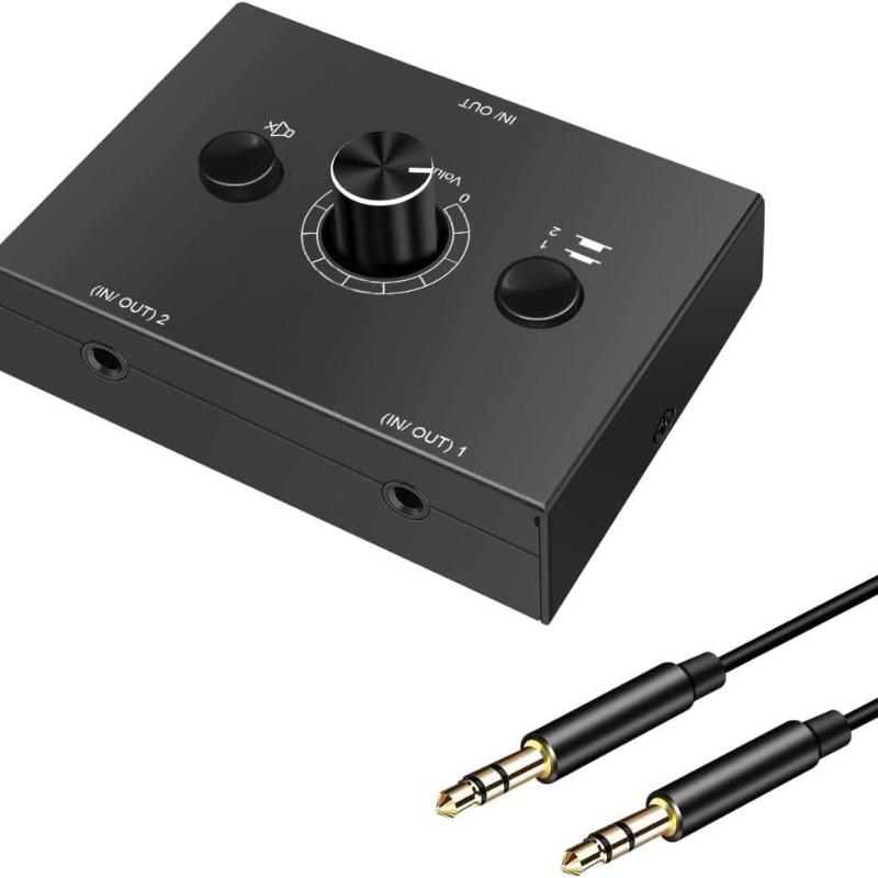 Switch Audio Stereo a 3,5 mm a 2 Vie Bidirezionale Splitter Box 2 In 1 Out 1 In 2 Out Con Pulsante Mute