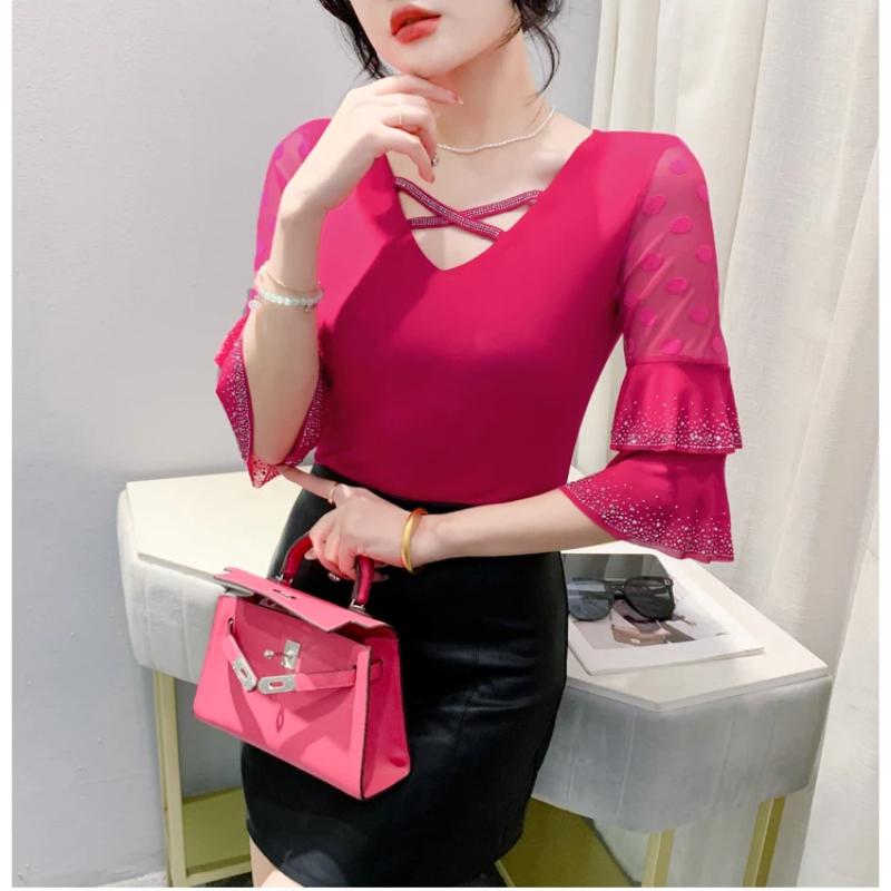 Summer European Clothes New Sexy V-neck Mesh T-shirt Hot Diamonds Women's Tops Fashion Flare Sleeve Tees