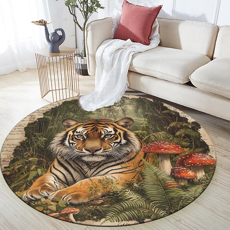 Vintage Tiger,Round Area Rug,Carpet Rug for Living Room Bedroom Sofa Playroom Decor,Non-slip Floor Mat
