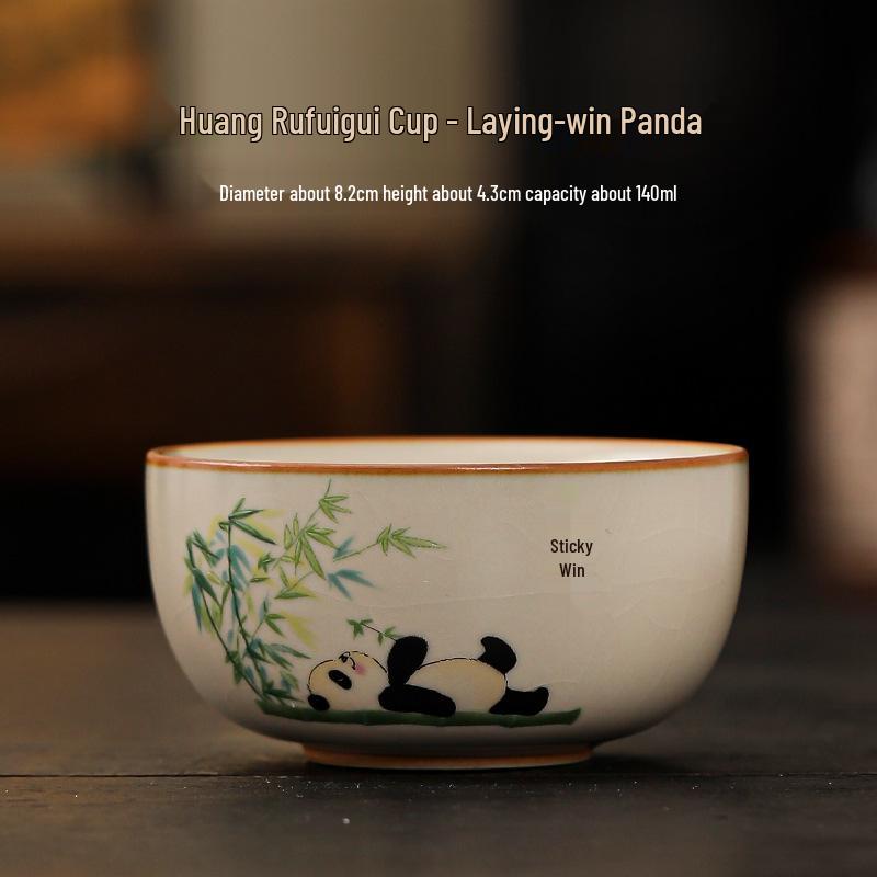 Beige Ru Ware Panda Teacup - Kung Fu Style Ceramic Tasting Cup