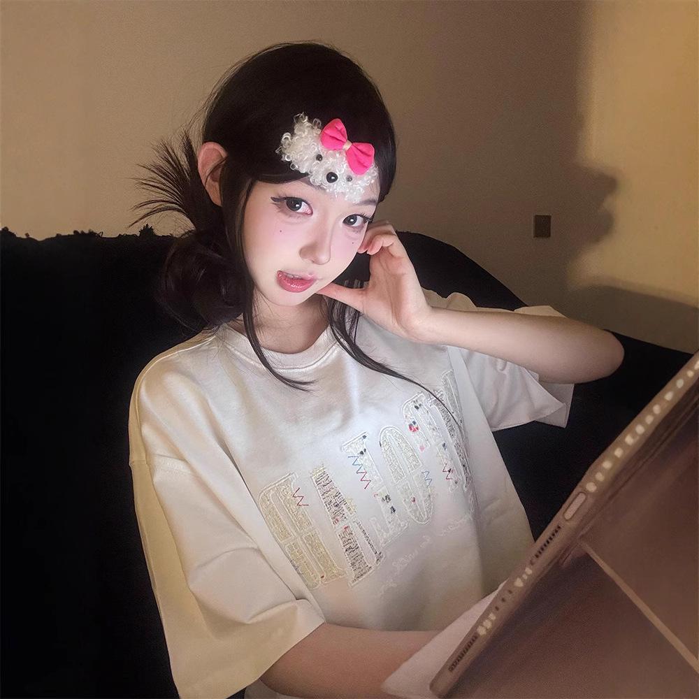 

American Retro 3D Embroidery Cotton Short Sleeve T-Shirt M білий