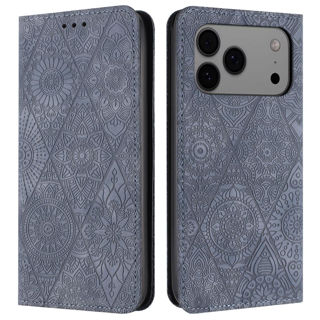 For iPhone 17 Pro Max Case Imprinted Flower Wallet Stand Leather Phone Cover