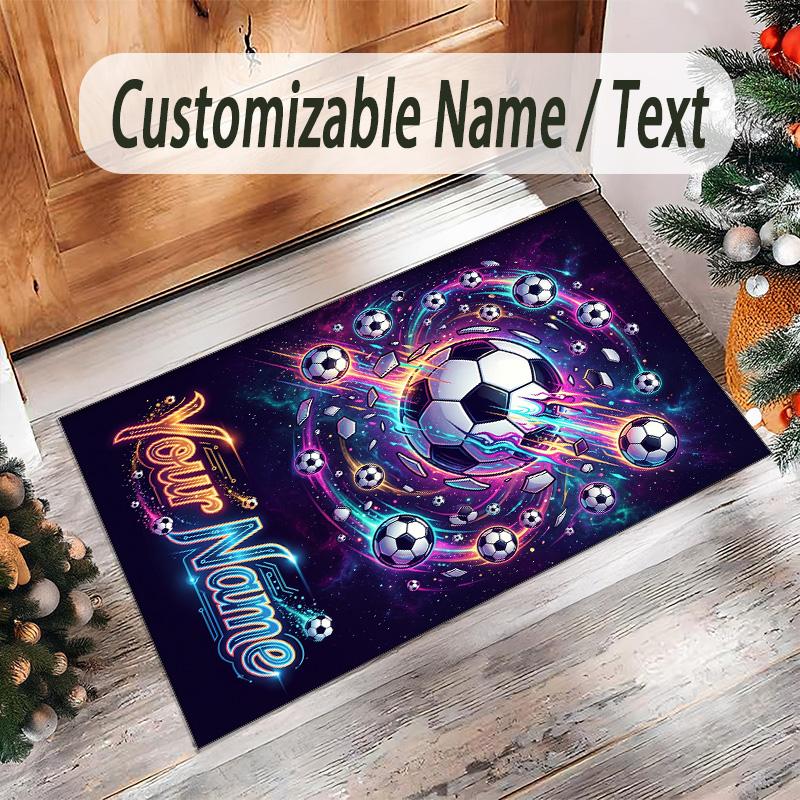 Soccer Theme Crystal Velvet Floor Rug Personalized Custom Name Text Warm Carpet Home Decoration