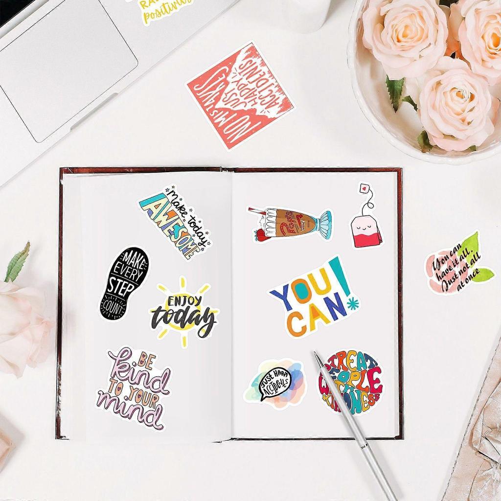 50pcs Mixed Cartoon Motivational Text Vinyl Stickers for Water Bottles Tumbler Luggage Skateboard Bumper Scrapbook Cup, Gift Sticker for Kids Teens Ad