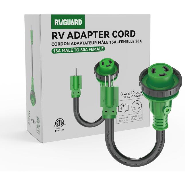 RVGUARD 30 Amp To 110 Volt RV Adapter Cord With Locking Connector 12 Inch, NEMA 5-15P To NEMA L5-30R Electrical Power Adapter With LED Power