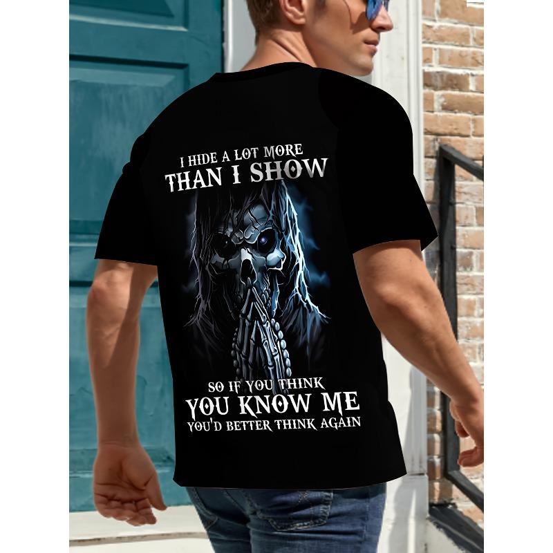 Europeisk Storlek Herr T-shirt med Skallegrafik - 3D-tryckt Streetwear, Svart Casual Kortärmad T-shirt med Designen "I Hide a Lot More Than I Show"
