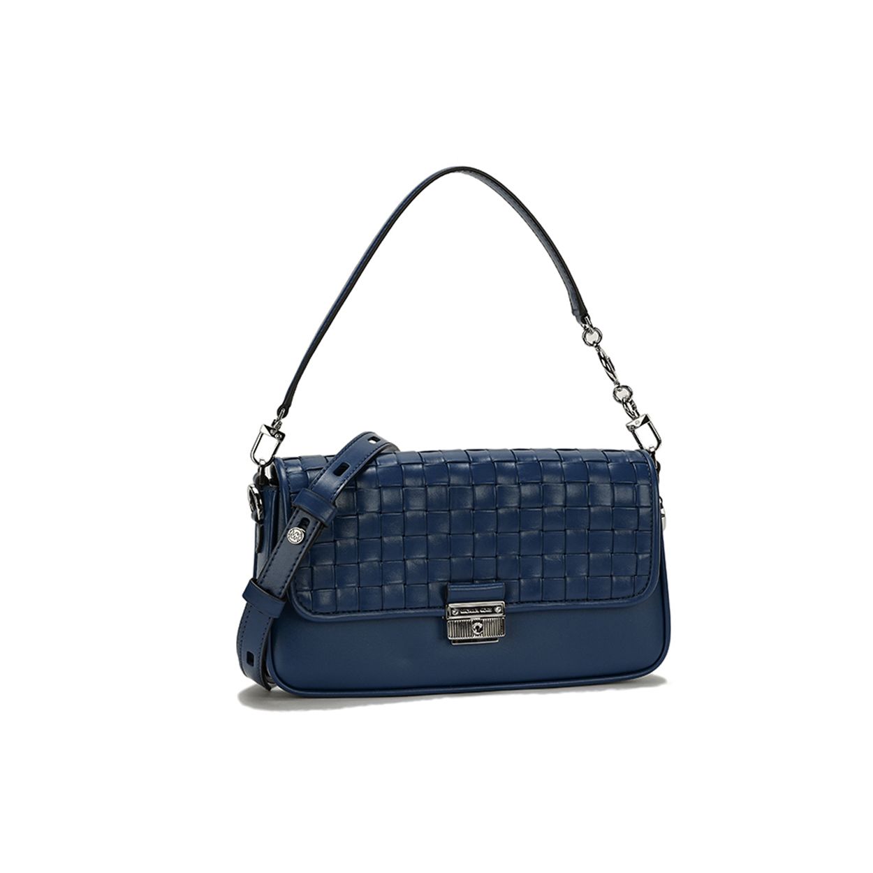 

Michael Kors MK Bradshaw Woven Flap Metal Buckle Logo Faux Leather Baguette Bag Women handbags Dark-Blue 30S1S2BL1T-DK-MOUNTAIN Basic Set (Bag+Dust Bag)