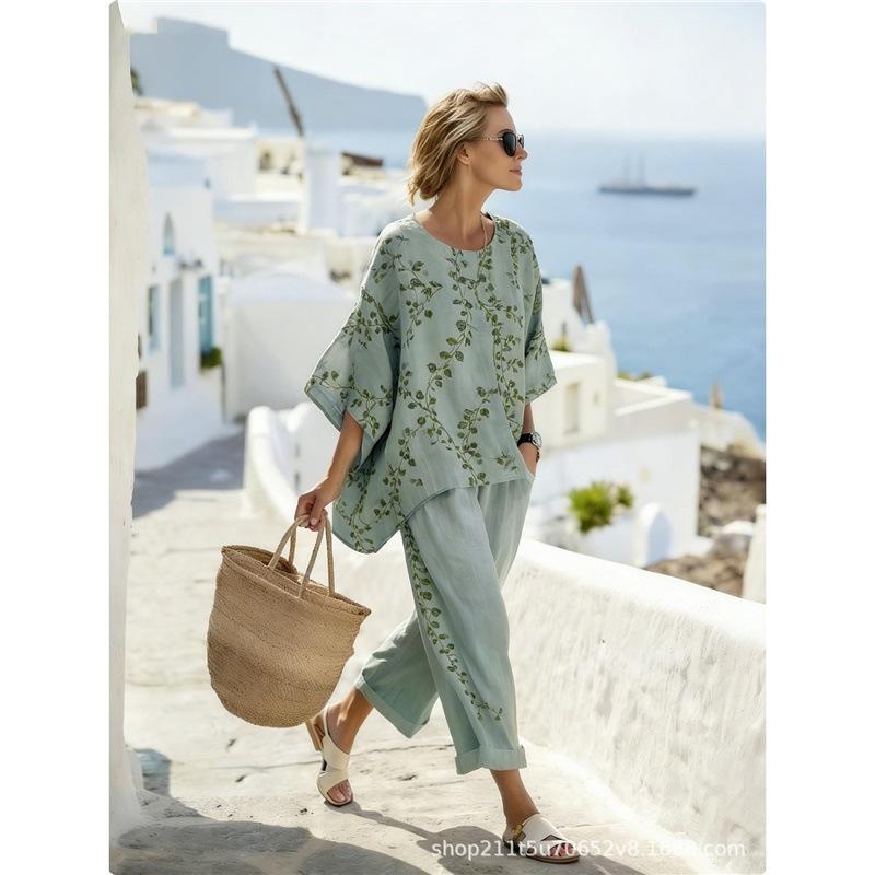 New summer women's round neck gradual change 1D printing casual seven-quarter sleeve set vacation two-piece set