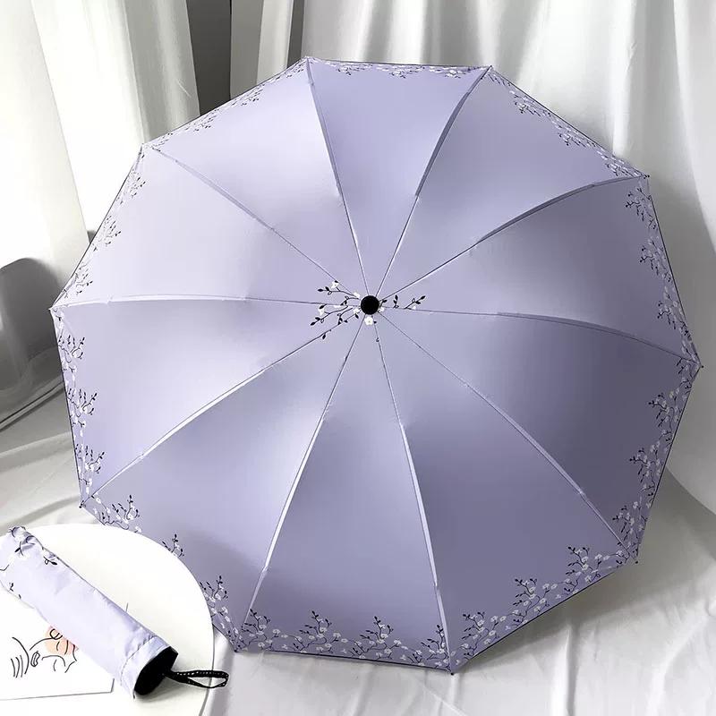 Ten-Bone Large Double Umbrella Small Fresh Sun Umbrella Vinyl Sun Protective Sun Shade Rain Dual-Use Triple Folding Umbrella Female Manual