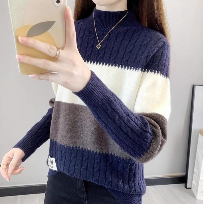 Women's Half Turtleneck Sweater Fall Winter Loose Knit Sweater Top Pullover Knit Jumper Color-blocked Plaid Knitwear
