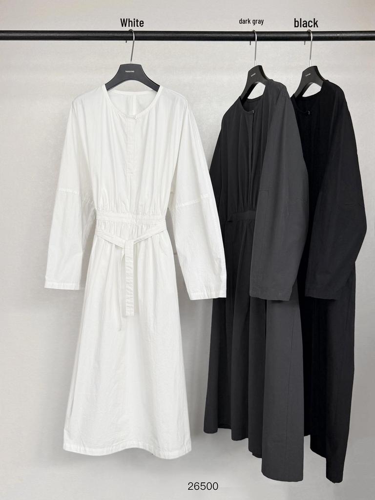 TG Minimalist Cotton-Feel Round Neck Long Sleeve Dress - 2026 Gentle Korean Style with Large Hem