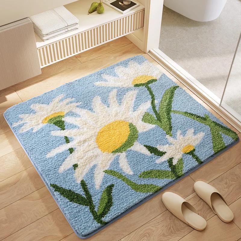 Fresh Floral Square Bath Mat, Highly Absorbent Floor Mat, High Weight Flocking, Thickened Foot Mat, Non-slip Mats Rug Carpet