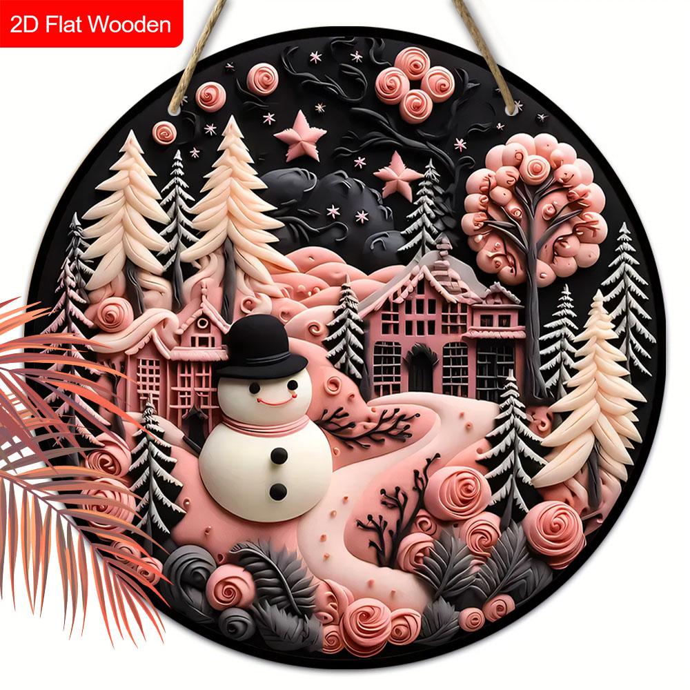 Pink Christmas Wooden Sign with Snowman Pattern - Navidad Sign for Front Door, Yard, Wall Hanging Decor - Ideal Christmas Gift for Friend