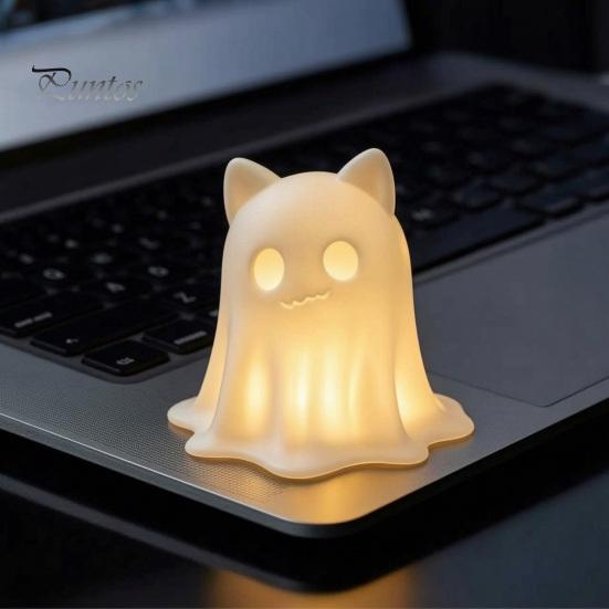 Halloween Ghost Cat Decoration 3D Printed Candle Holder, Spooky Figurine Statue for Table with Warm Light Tabletop Home Party Pla Ornament