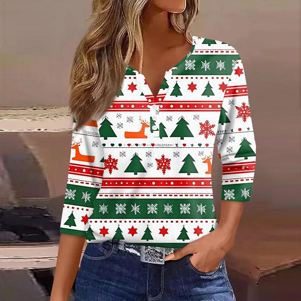 Women's T Shirt Tee Christmas Printed Button 3/4 Sleeve Tunic Daily Weekend Fashion Basic V- Neck Regular Top