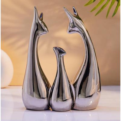 Heimdeko Glückliche Silberne Hirsch Statue Familie Klavierlack Keramikfiguren (3er-Set, Silber)