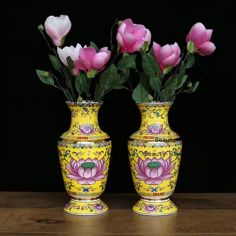 1pc Ceramic Lotus Vase Household Enamel Colored Flower Vase Buddha Hall Vase Temple Sacrificial Decoration Home Decoration