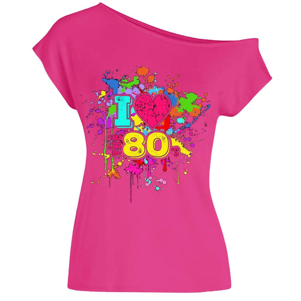 80'leri Seviyorum Graffiti Eğik Yaka Seksi Tişört