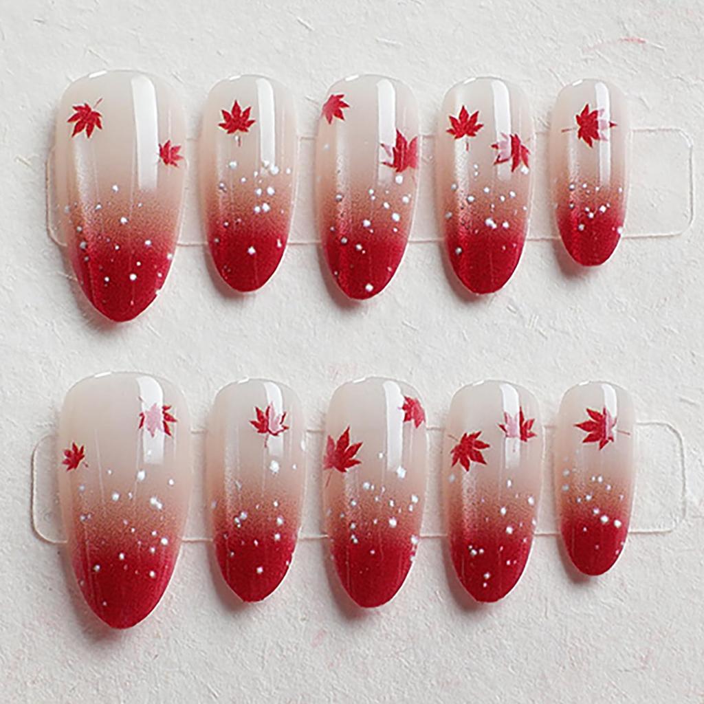 30Pcs Fall Press On Nails Medium Almond Red Maple Leaf Fake Nails with Gradient Designs Fall Leaves Stick On Nails Full Cover Autumn Acrylic Nails
