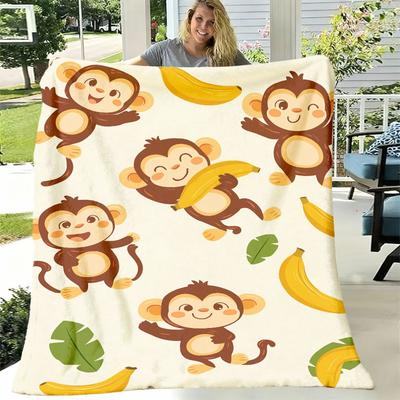 Cozy Monkey & Banana Pattern Flannel Blanket Soft, Warm Throw for Office, Bed, Camping, Travel AllSeason Versatile Nap Blanket by HKStorage, for Winte