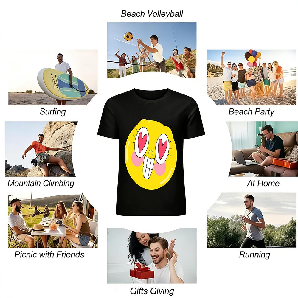 Heart Eyes Smiley Face Print T-shirt Casual Loose Fit Cute Cool Style Daily Wear Top For Teens Pure cotton T-shirt