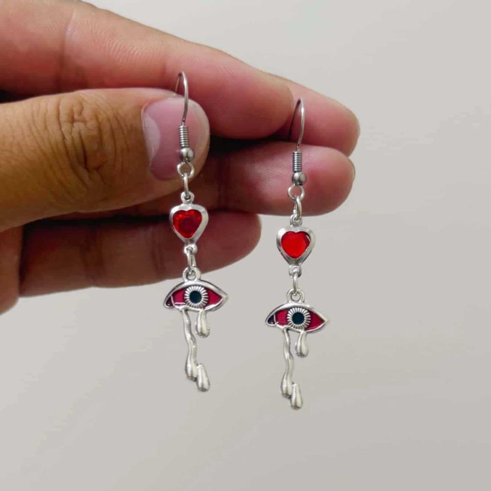 Gothic Darkly Magic Ghost Red Eye Heart-shaped Dangle Earrings for Woman Halloween Original Design Jewelry Accessories Colorfast