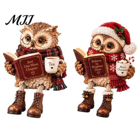 Whimsical Hanging Leg Owl Decor 2Pcs Reading Resin Figurines, Sitting Edge Bookshelf Statue with Glasses Cute Animal Statues for Mantel &