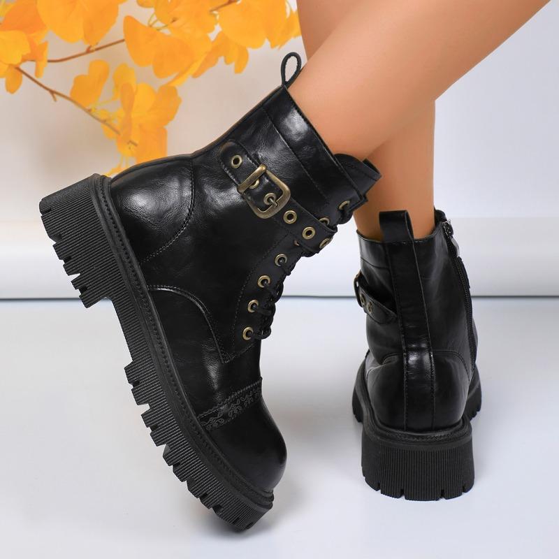 2024 Het Rea Damer Skor Snörning fram Damstövlar Mode Dragkedja i sidan Moderna Stövlar Damer Nya Skor med Bältesspänne för Kvinnor