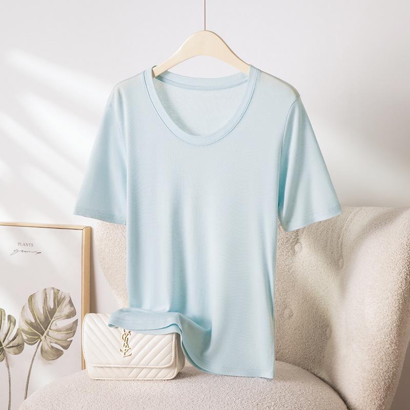 2026 Hangzhou Women's Mulberry Silk Lyocell U-Neck Tee - Lightweight, Breathable, Short-Sleeved Summer Fashion