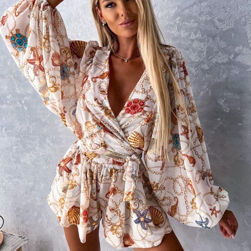Sweet New V Neck Chain Floral Lace-up Jumpsuit