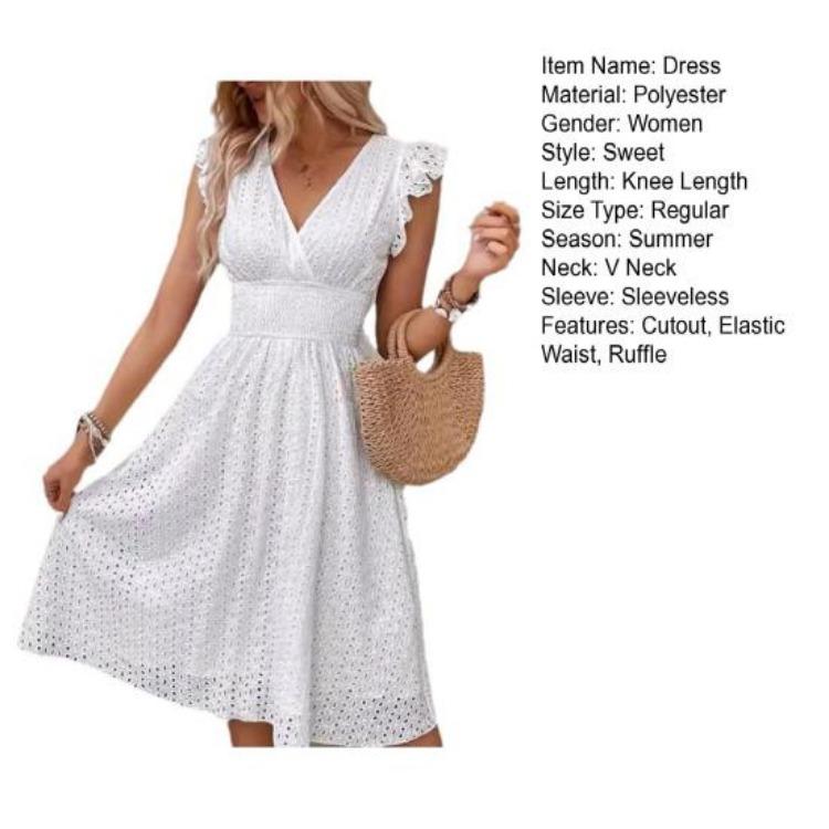 Summer Dress Women Sleeveless V Neck Ruffle Edge Elastic Waist Pure Color A Line Cutout Midi Swing Dress Knee Length Dating Shopping