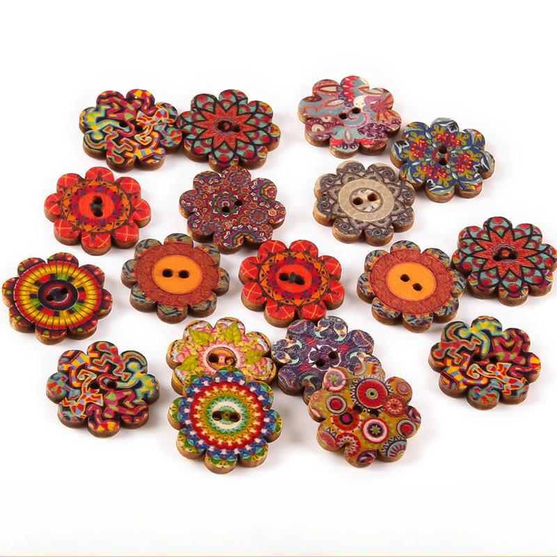 10pcs Rustic Handmade Wooden Buttons, Decorative Hand-Painted DIY Floral, Butterfly & Tree Designs for Crafts