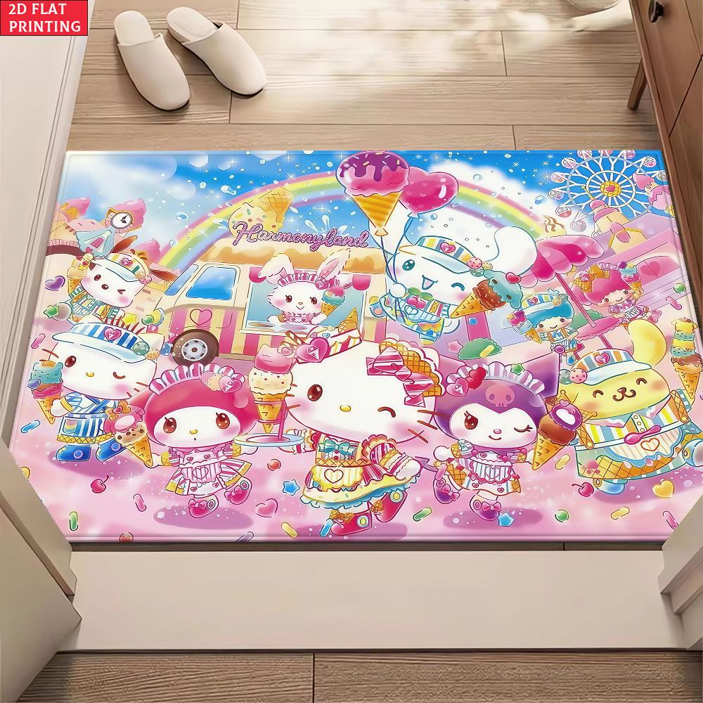 Kawaii Cute Ice Cream Cartoon Doormat, 2D Print Non-slip Floor Mat, Pink Rainbow Entrance Rug for Girls Bedroom Decor Gift