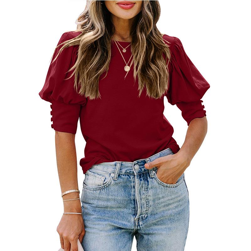 Women's Short Sleeve T-Shirt Round Neck Solid Colour Button Pullover Blouse Top Casual Undershirt